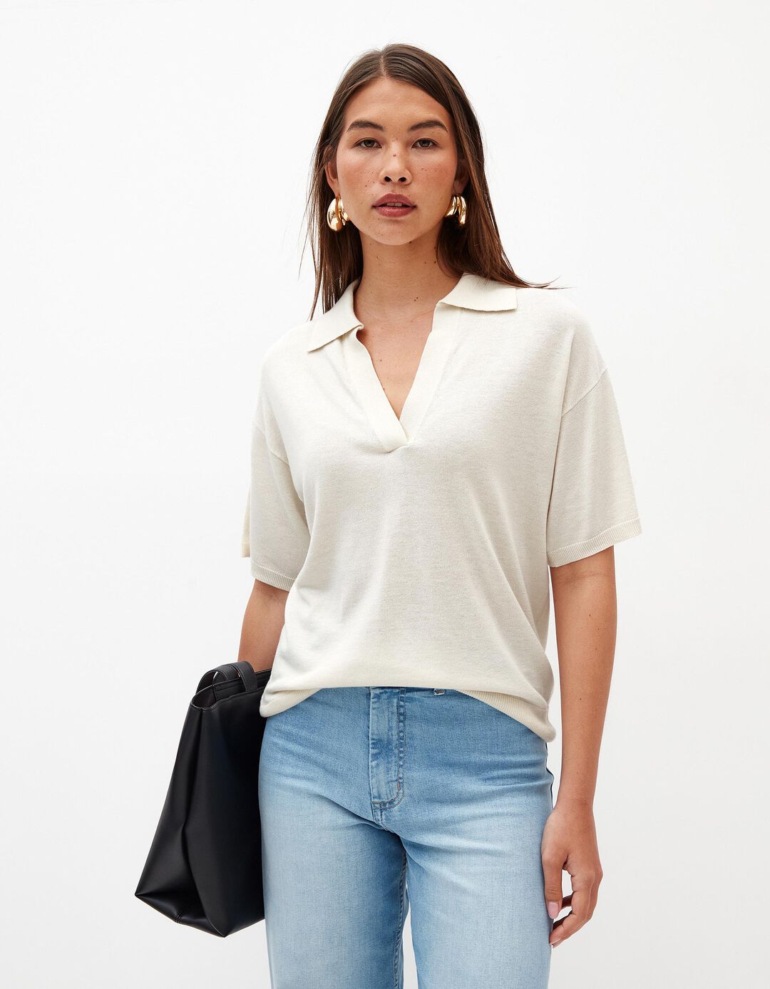 Camisola Polo de Manga Curta, Mulher, Bege Claro