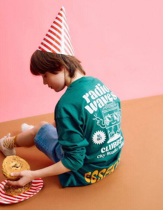 Comprar Online T-shirt de Manga Comprida Estampado, Menino, Verde Escuro