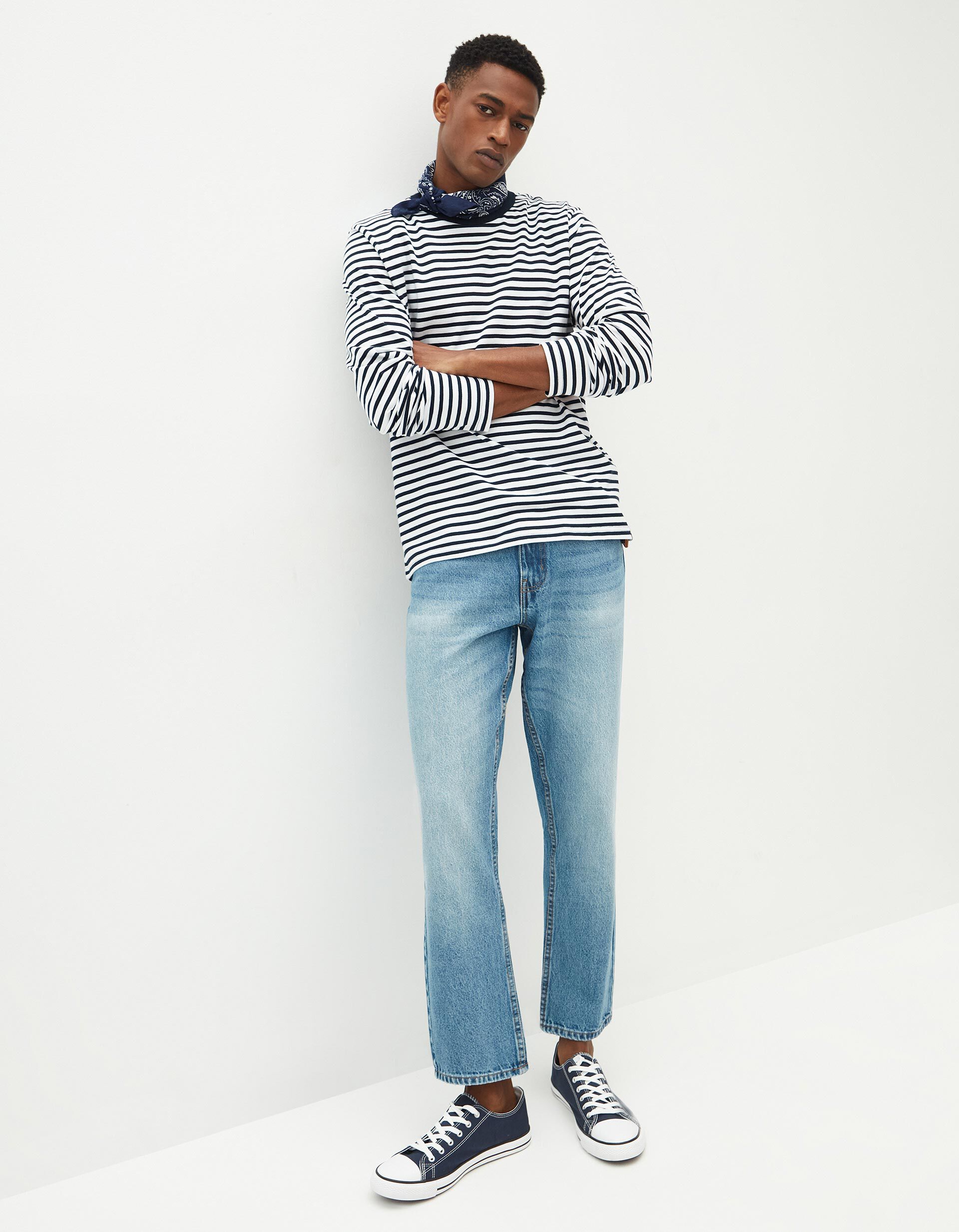 Comprar Online T-shirt de Manga Comprida Riscas, Homem, Azul Escuro