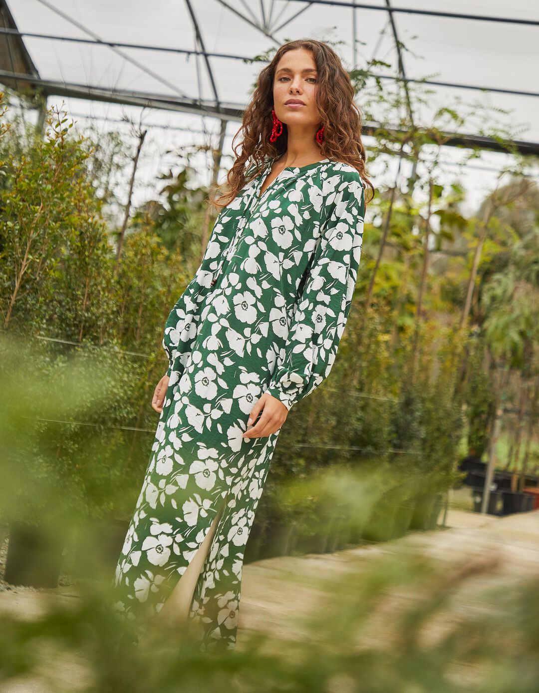 Vestido Comprido Estampado, Mulher, Verde Escuro