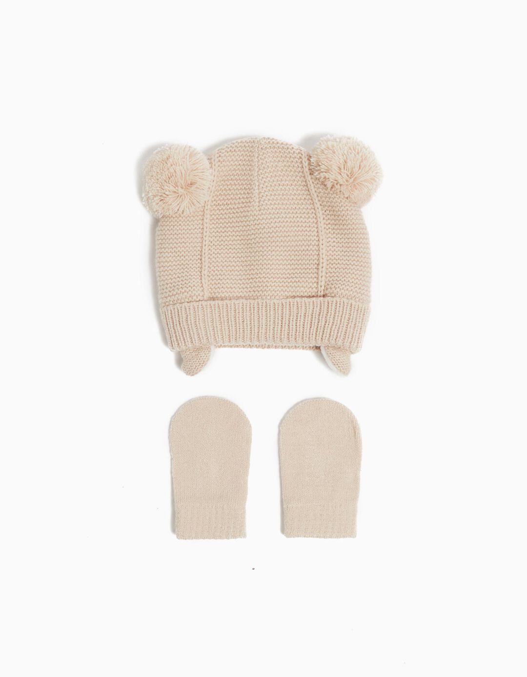 Conjunto Gorro + Luvas Malha, Rec&eacute;m-nascido, Bege