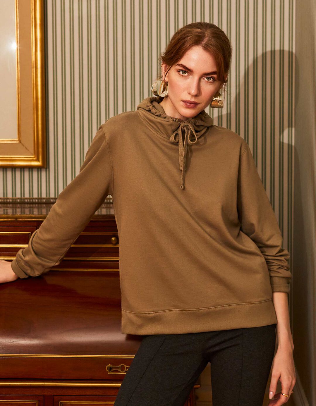 Sweatshirt Capuz, Mulher, Bege Escuro