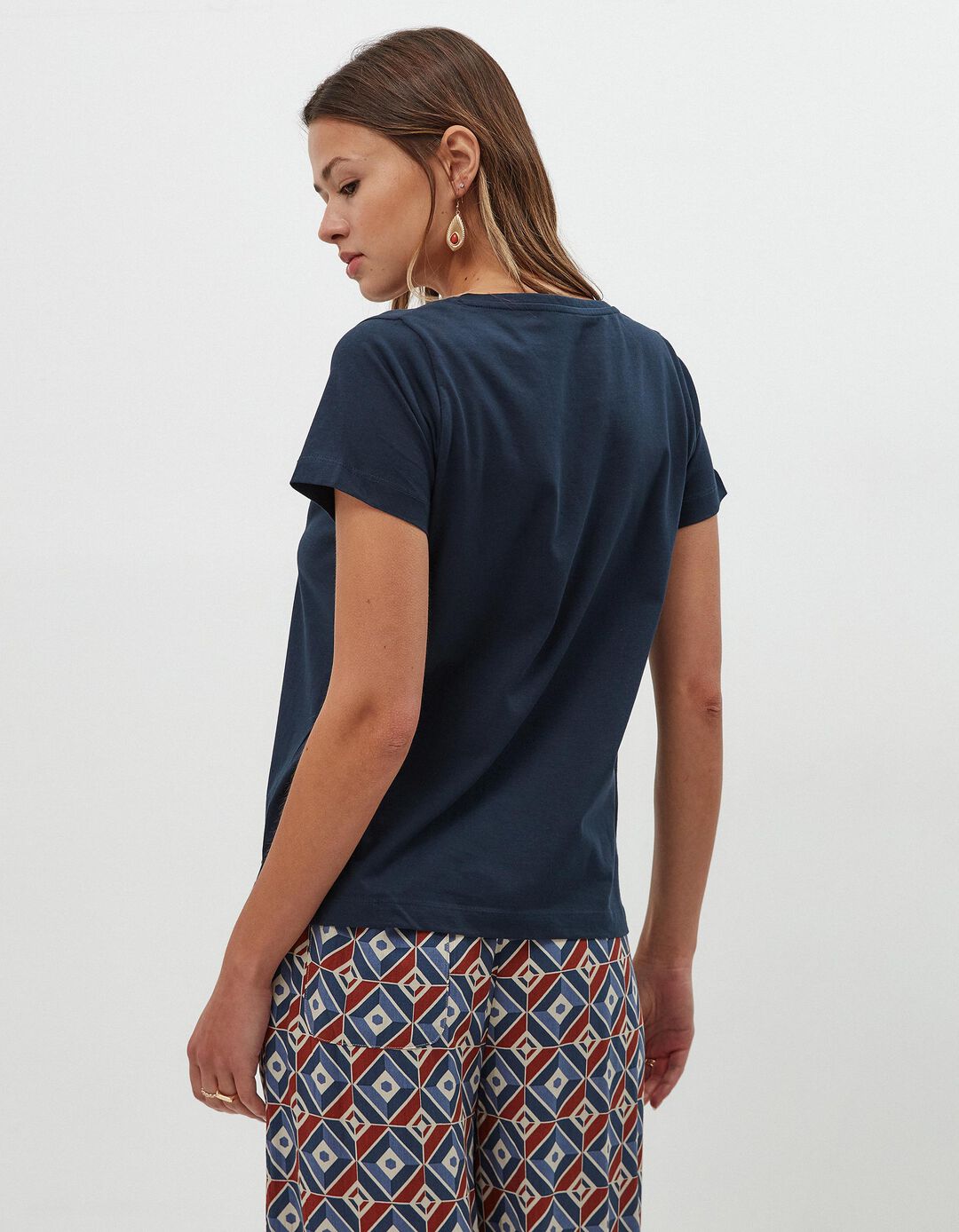 T-shirt Decote em V, Mulher, Azul Escuro