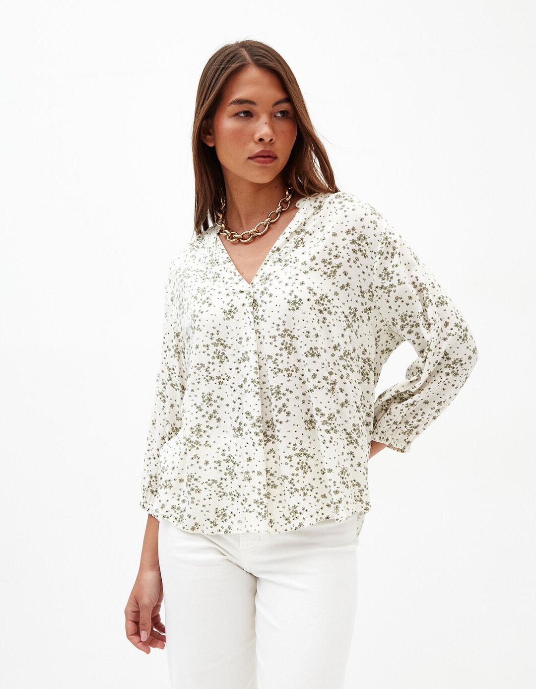 Blusa Estampada Decote em V, Mulher, Bege Claro