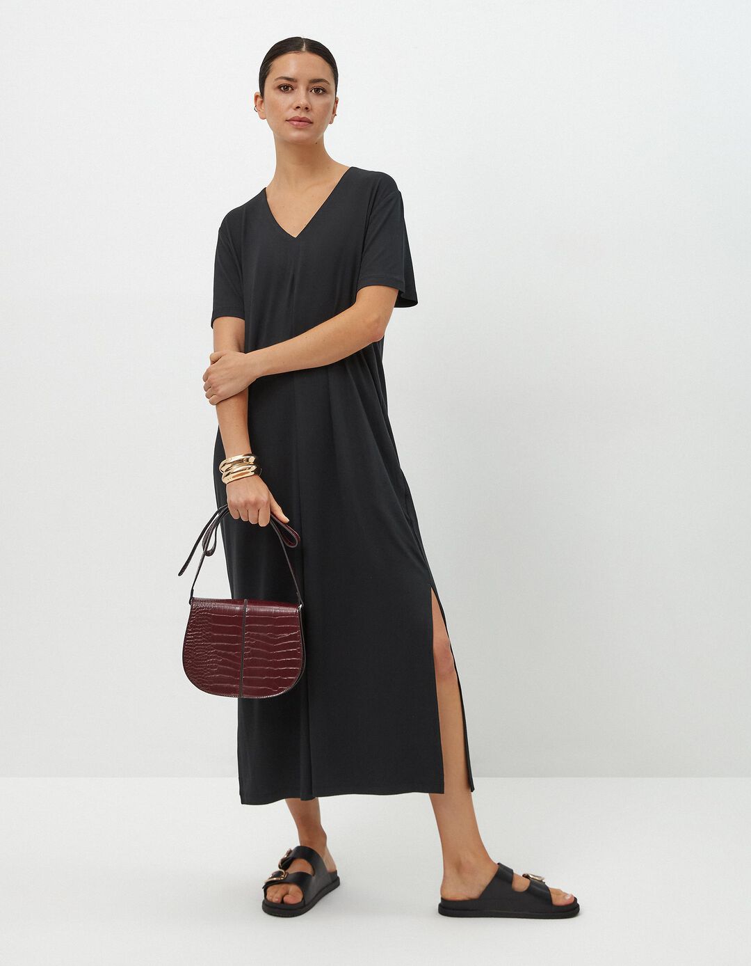 Vestido T-shirt Decote em V, Mulher, Preto