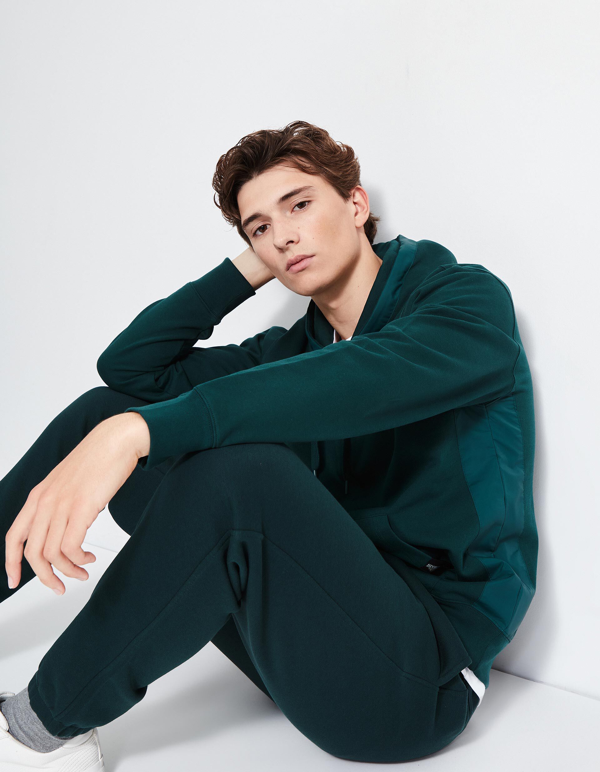 Sweatshirt de Felpa Detalhes Nylon Capuz, Homem, Verde Escuro