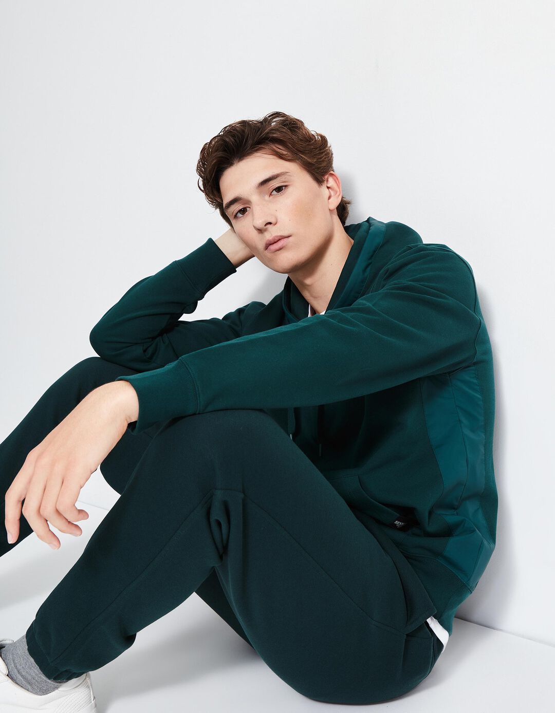 Sweatshirt de Felpa Detalhes Nylon Capuz, Homem, Verde Escuro