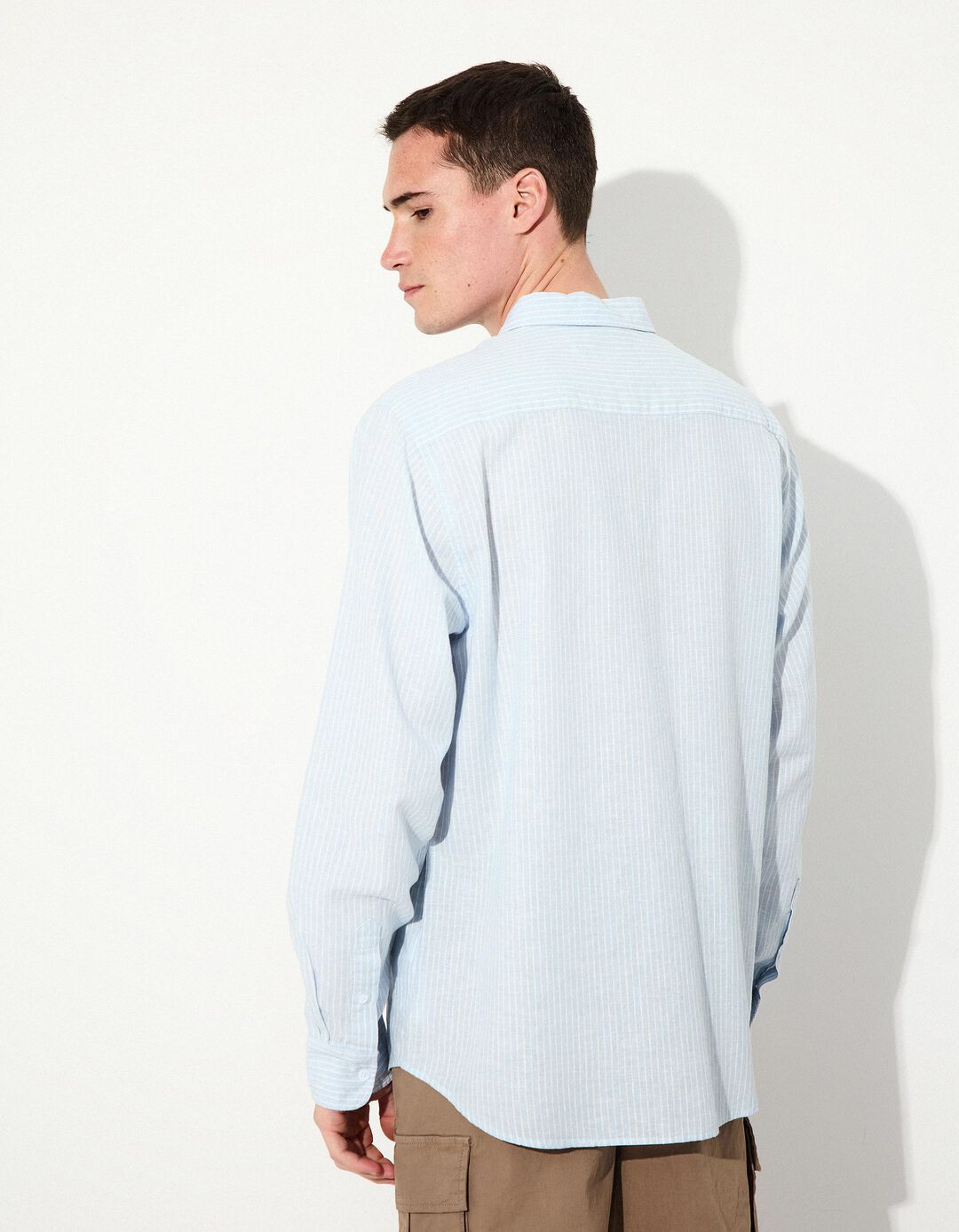 Camisa Riscas de Linho, Homem, Azul Claro 