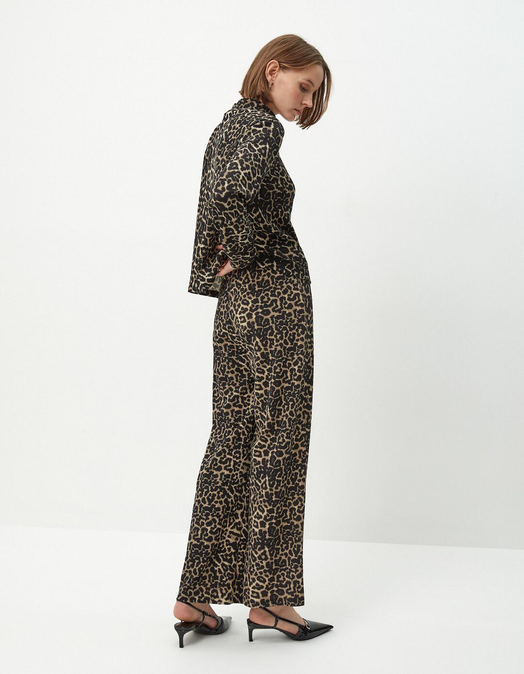 Calças Jacquard Leopardo, Mulher, Bege