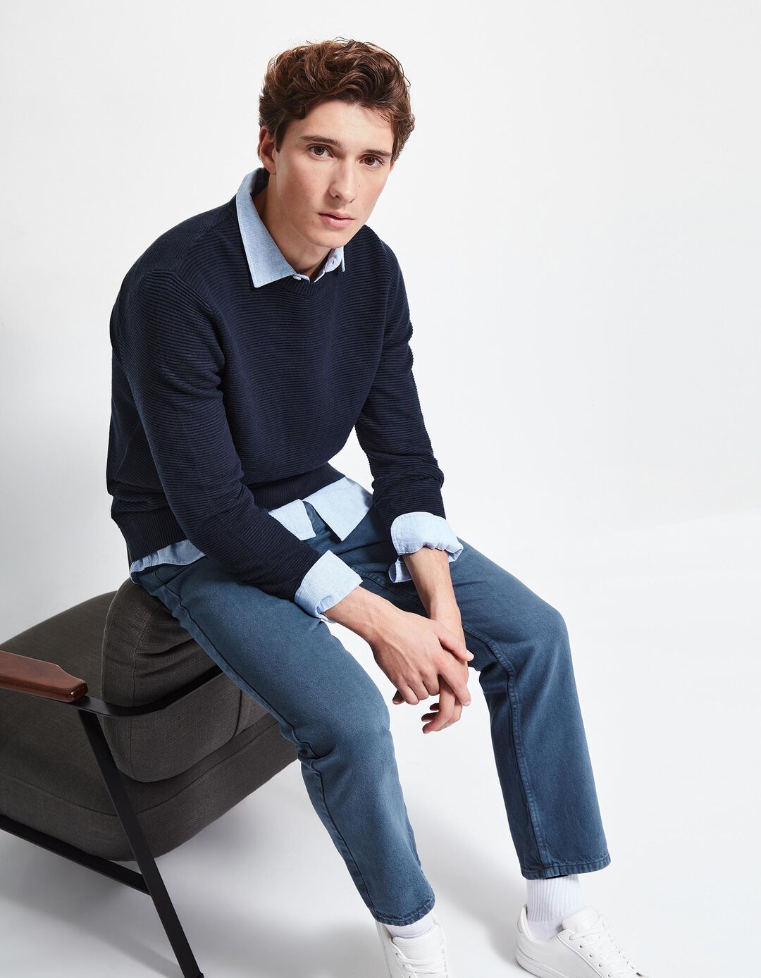 Camisola Malha Otomana Decote Redondo, Homem, Azul Escuro