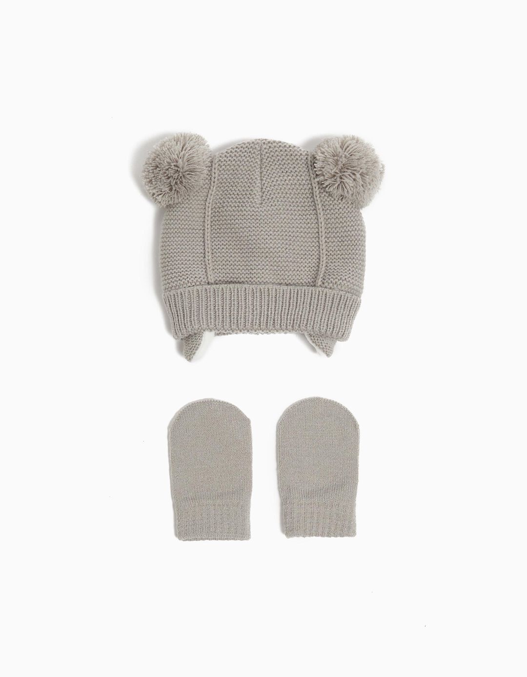 Conjunto Gorro + Luvas Malha, Recém-nascido, Cinzento