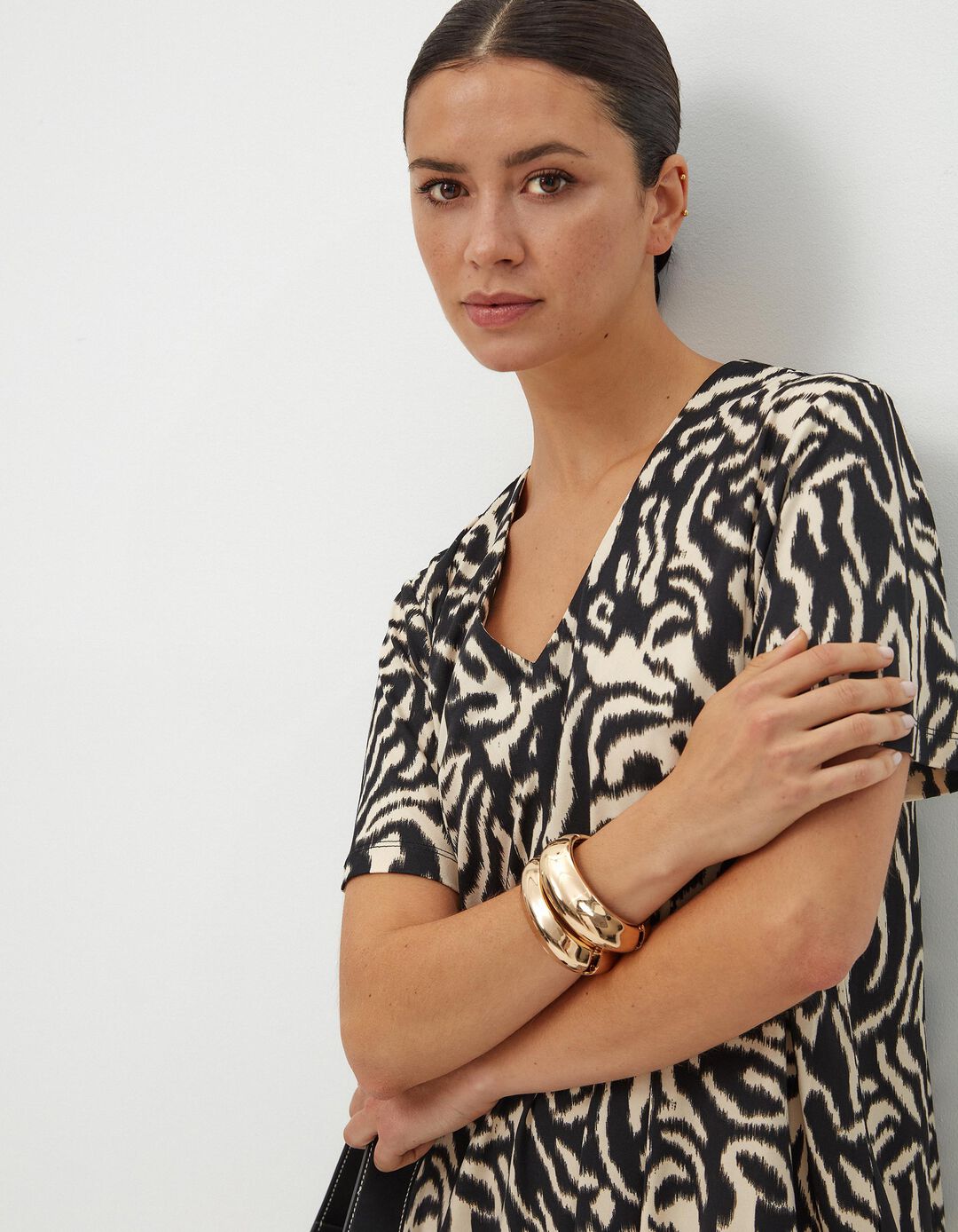 Vestido Estampado Decote em V, Mulher, Bege