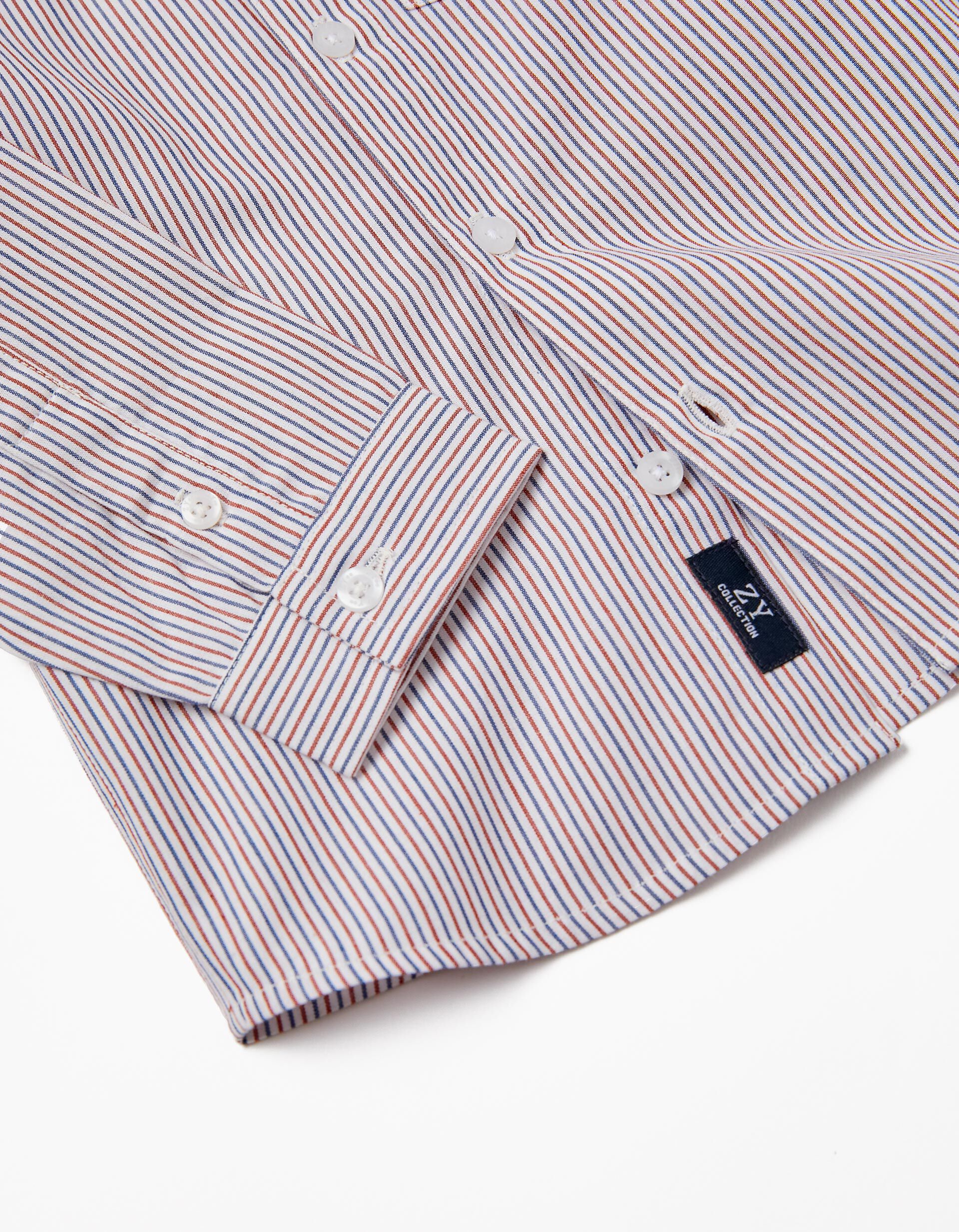Comprar Online Camisa de Algod&atilde;o &agrave;s Riscas para Beb&eacute; Menino, Branco/Camel/Azul