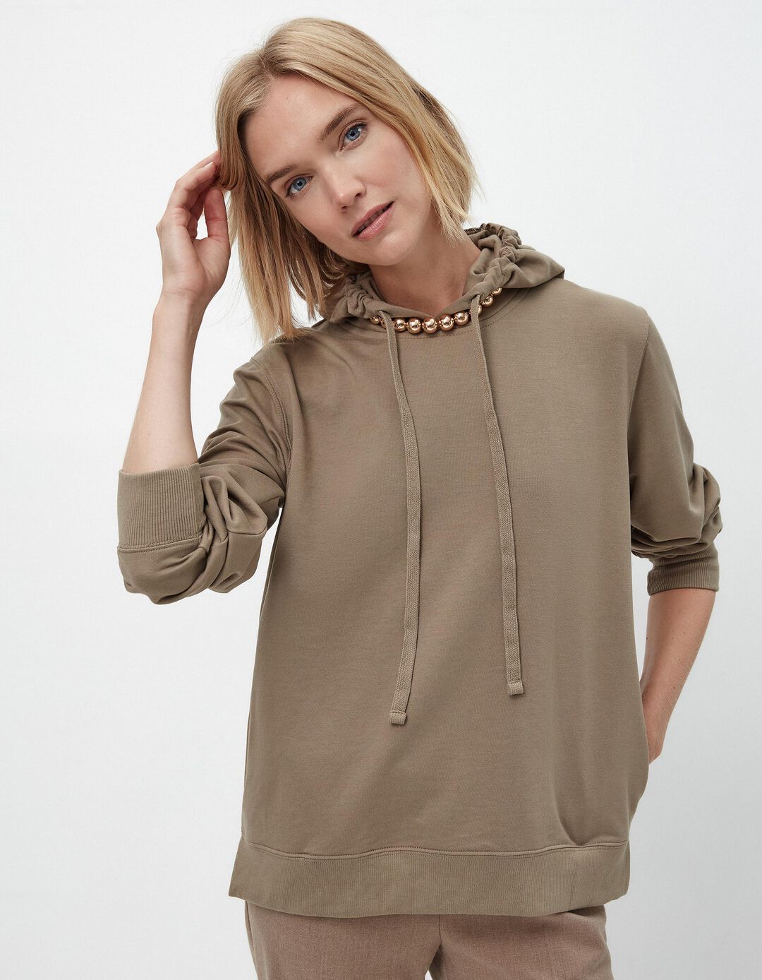 Sweatshirt Capuz, Mulher, Bege Escuro