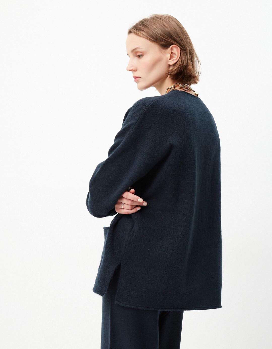 Camisola de Malha Bolsos, Mulher, Azul Escuro