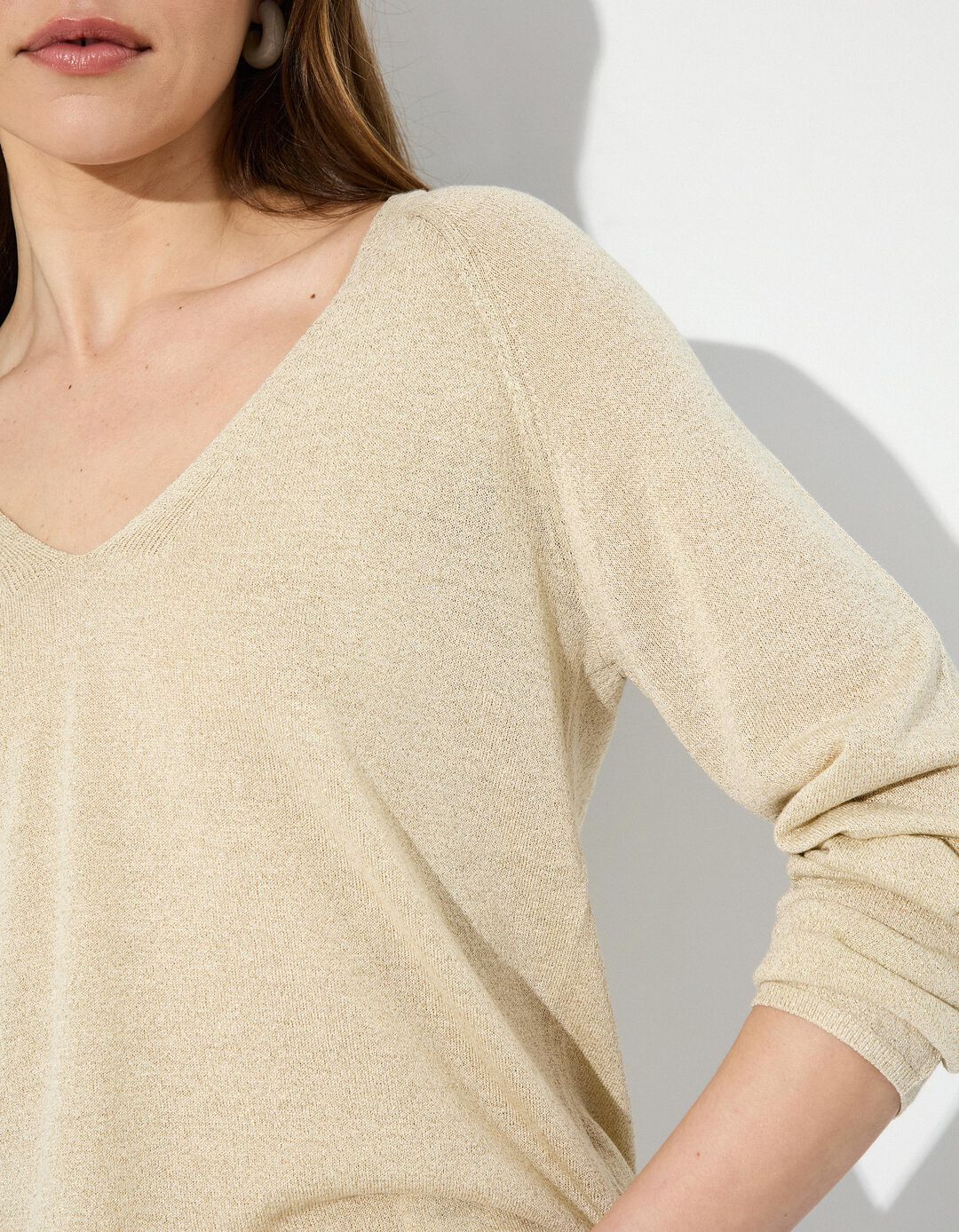 Camisola Decote em V, Mulher, Dourado