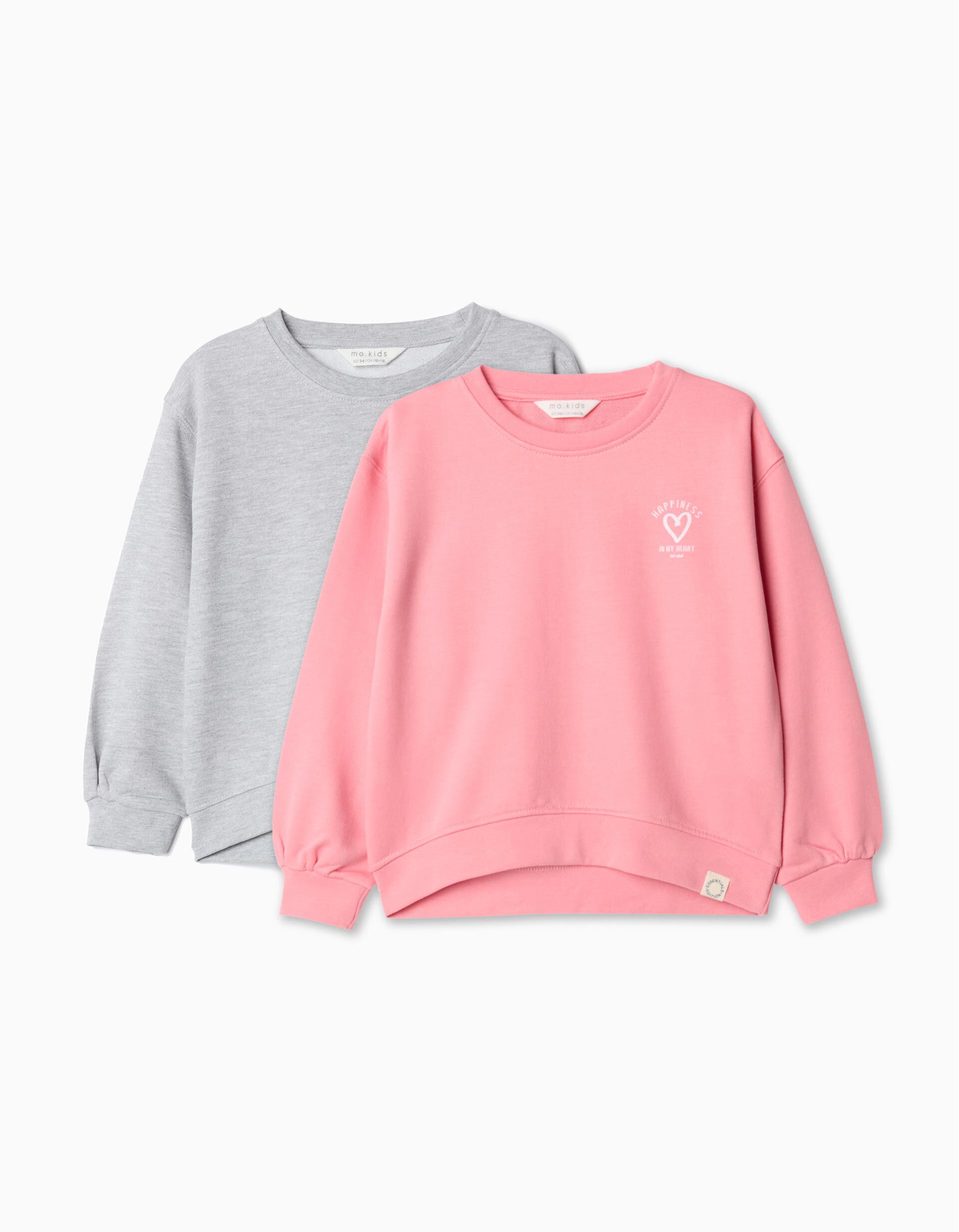 Pack 2 Sweatshirts de Felpa, Menina, Rosa Claro/Cinzento Claro