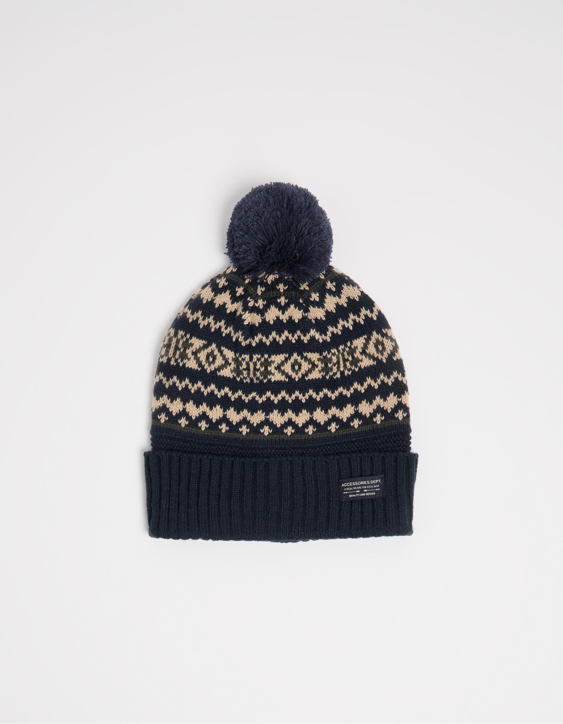 Gorro Malha Jacquard Pompom, Homem, Azul Escuro