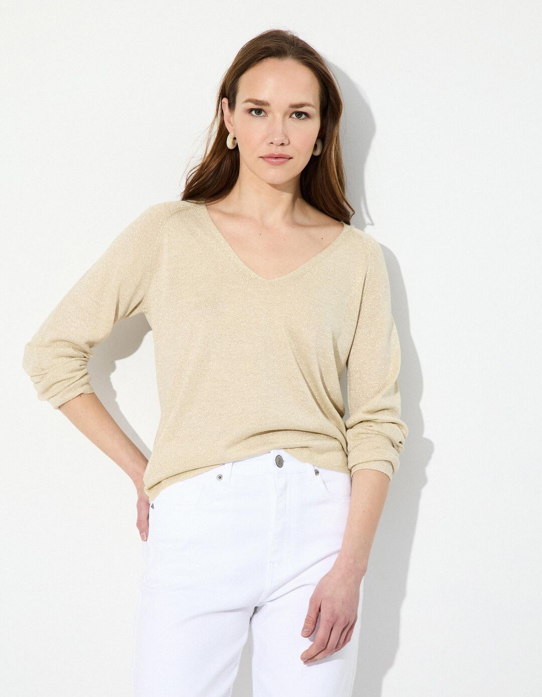 Camisola Decote em V, Mulher, Dourado