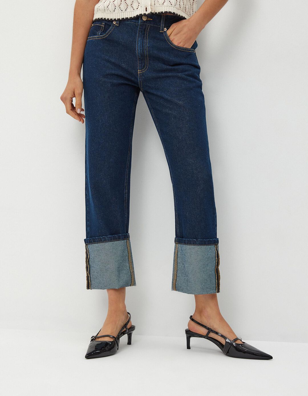 Calças de Ganga 'Slim fit' Dobra, Mulher, Azul Escuro