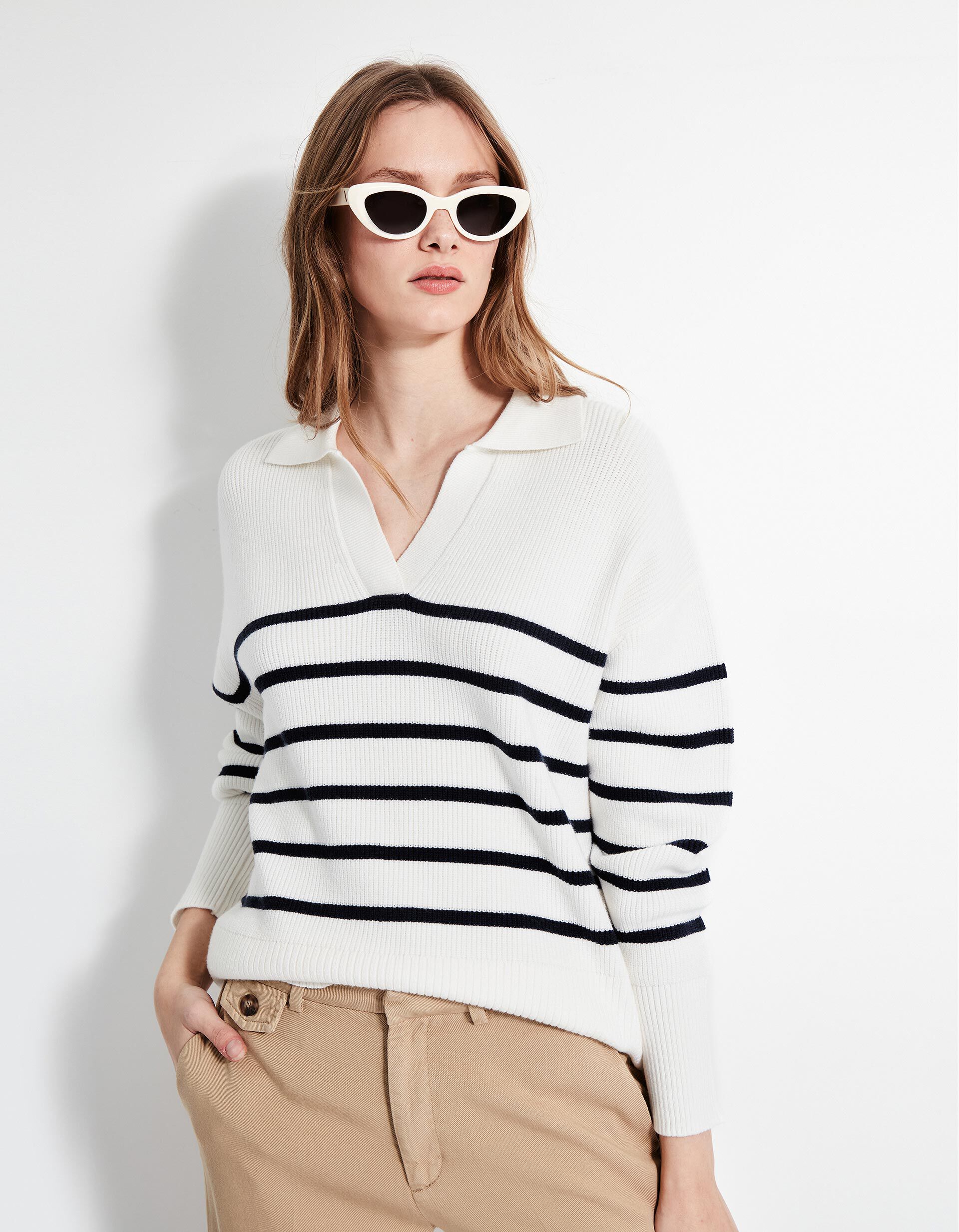 Camisola de Malha Polo, Mulher, Bege Claro