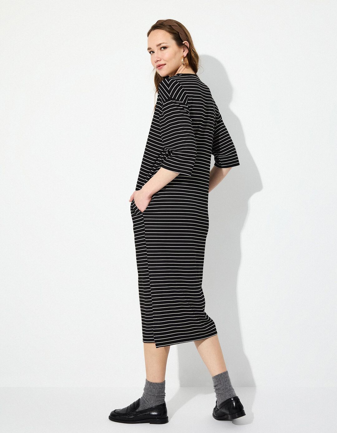 Vestido T-shirt Riscas, Mulher, Preto