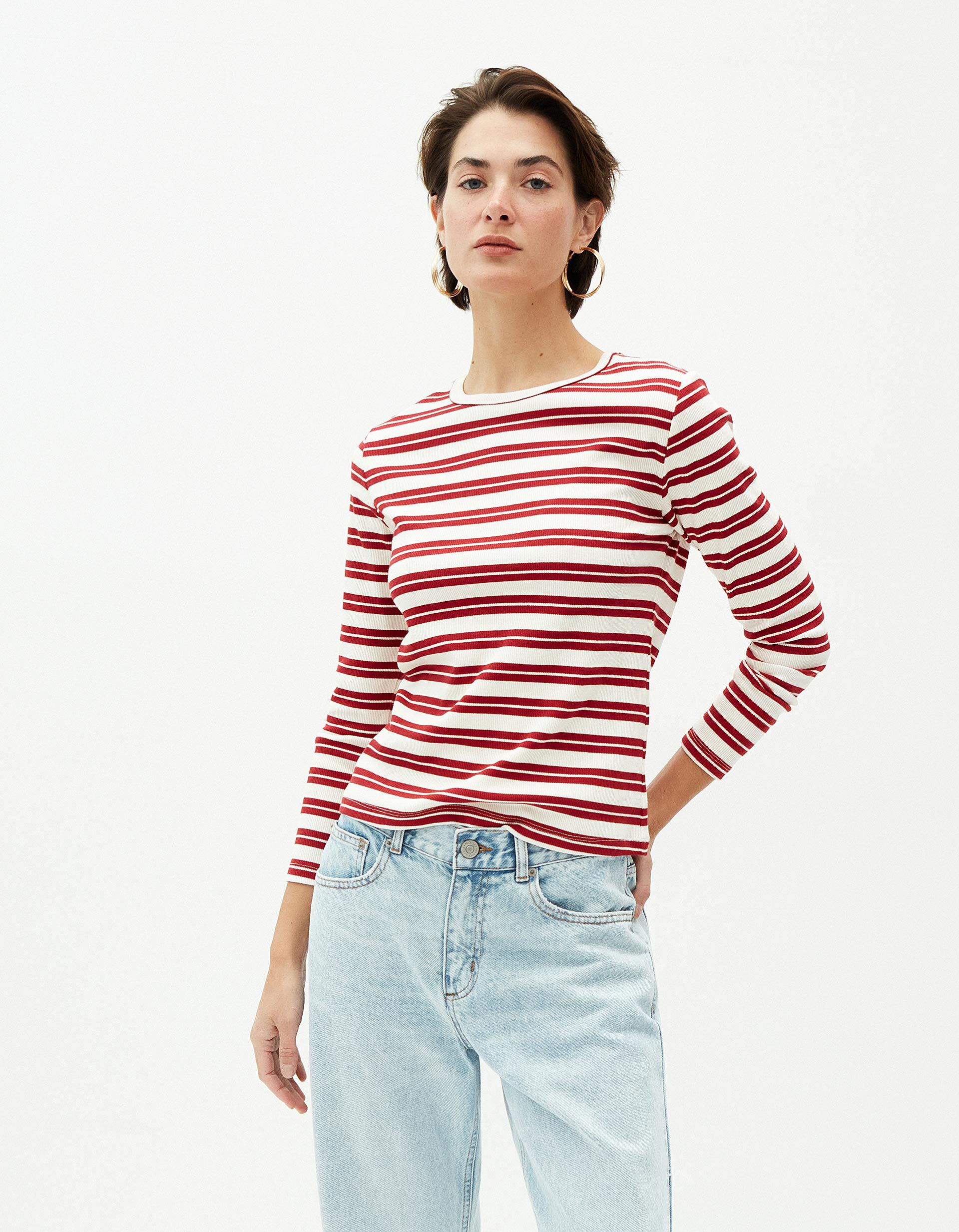 Camisola Riscas, Mulher, Vermelho Escuro