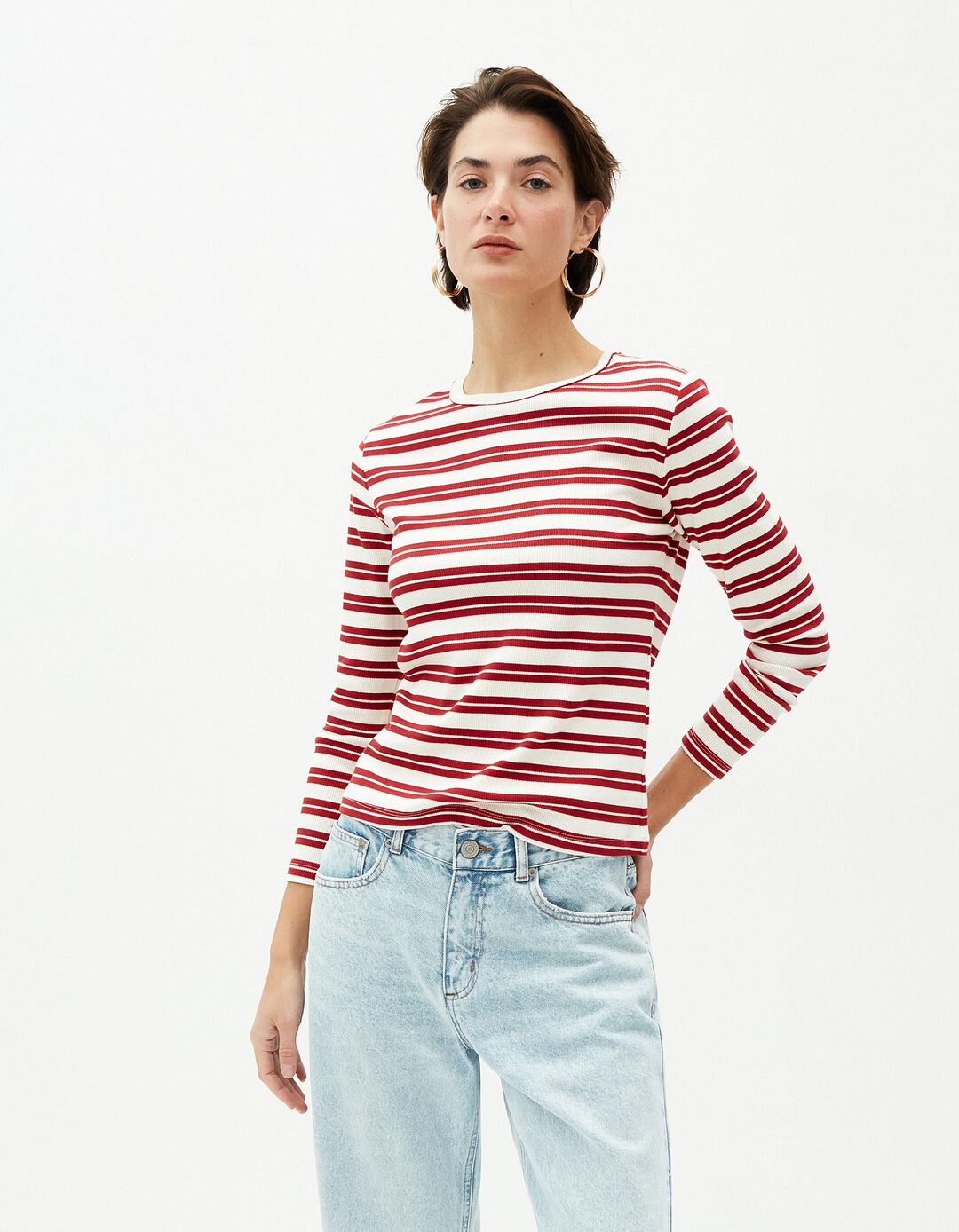 Camisola Riscas, Mulher, Vermelho Escuro
