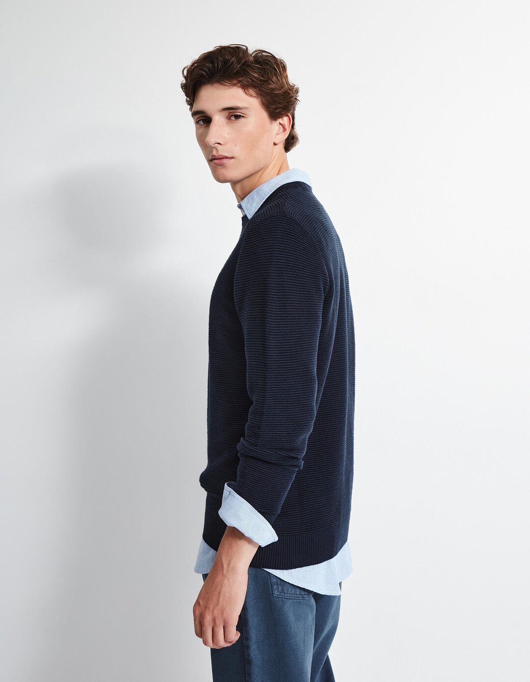 Camisola Malha Otomana Decote Redondo, Homem, Azul Escuro