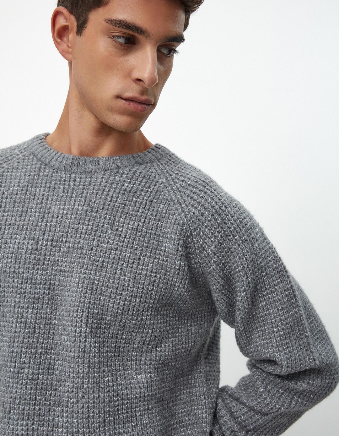 Camisola Malha Waffle Mesclada, Homem, Cinzento
