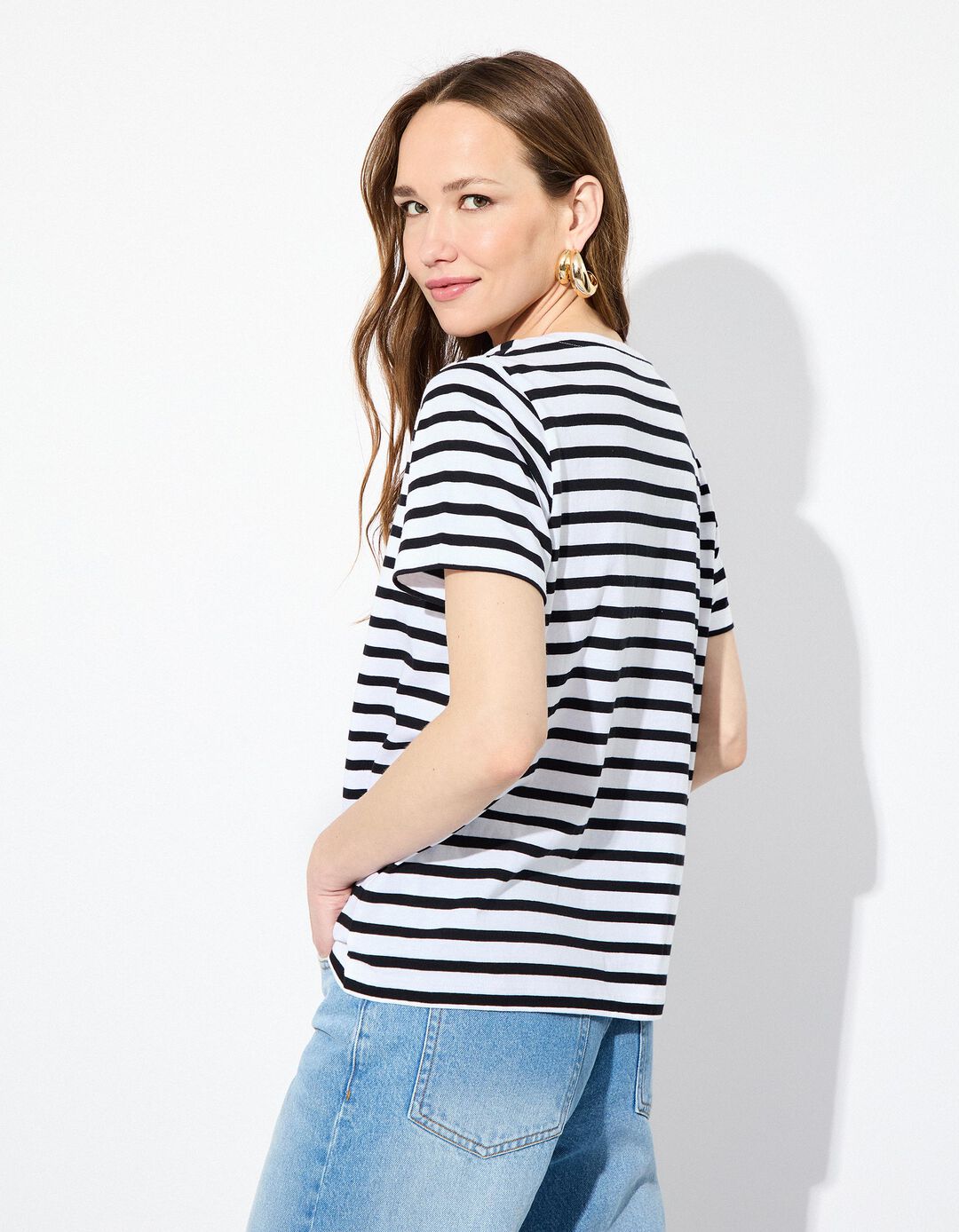 T-shirt Decote em V, Mulher, Preto