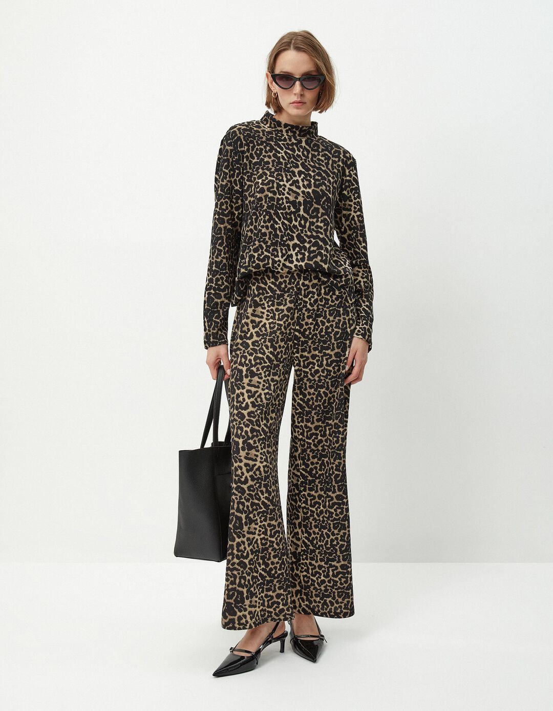 Calças Jacquard Leopardo, Mulher, Bege