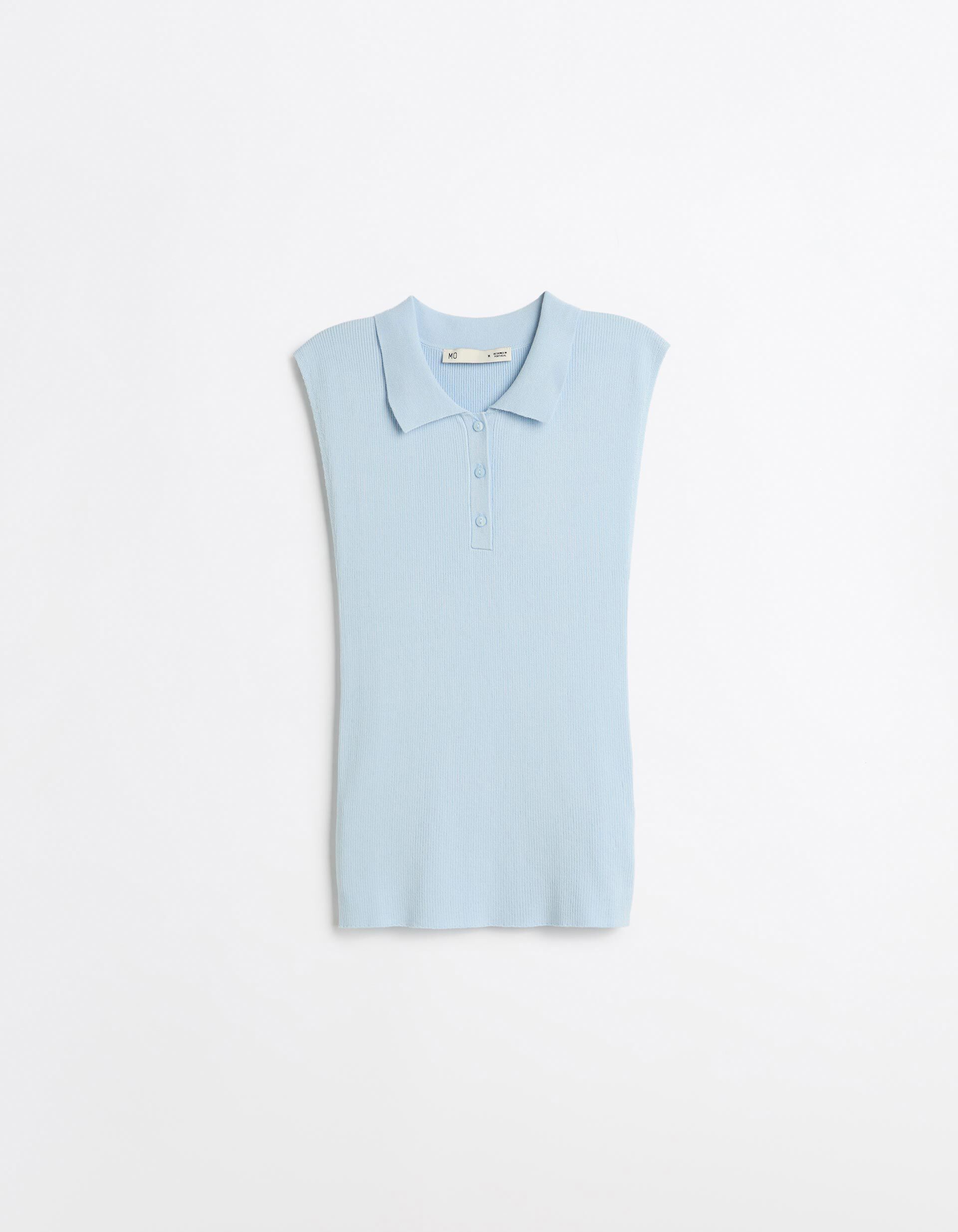 Top Tricotado Com Gola Polo, Mulher, Azul Claro