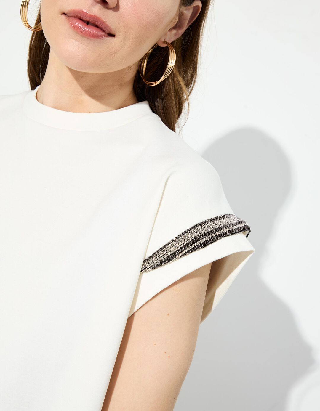 T-shirt com Brilhantes, Mulher, Bege Claro 