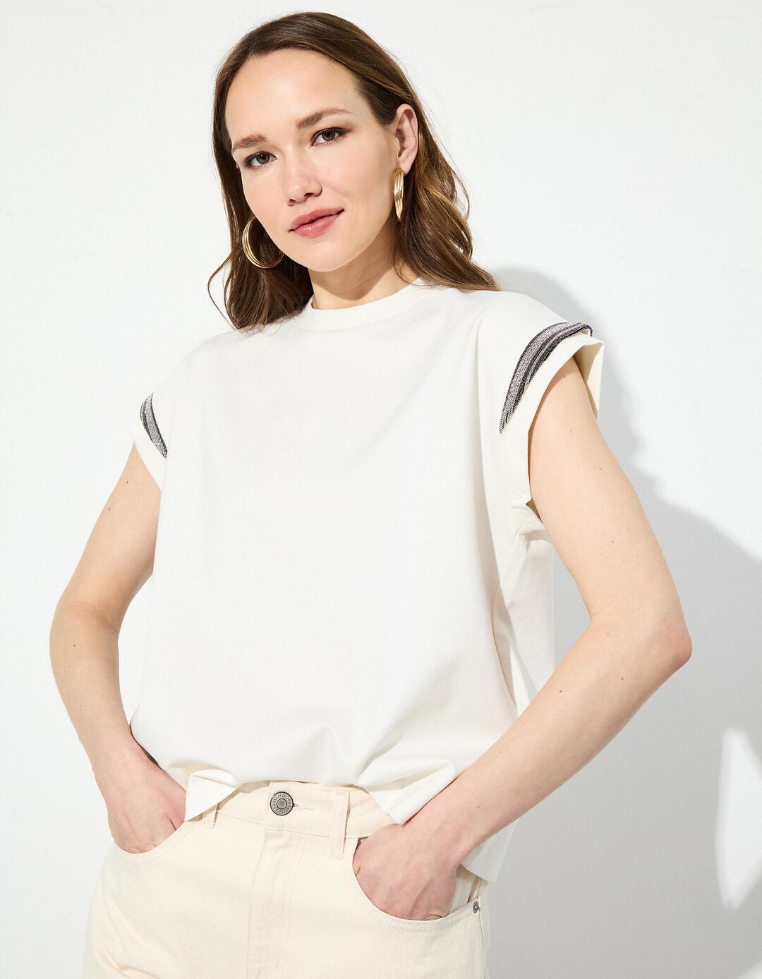 T-shirt com Brilhantes, Mulher, Bege Claro 