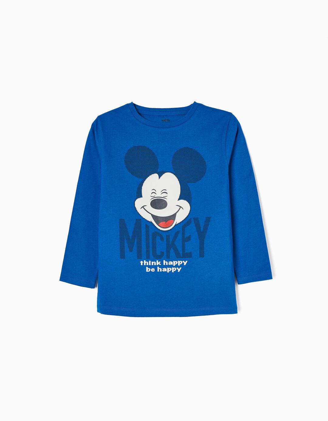 T-shirt de Algod&atilde;o de Manga Comprida para Menino 'Happy Mickey', Azul