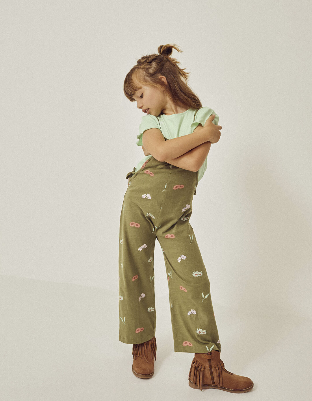 Macacão de Alças em Algodão às Flores para Menina, Verde