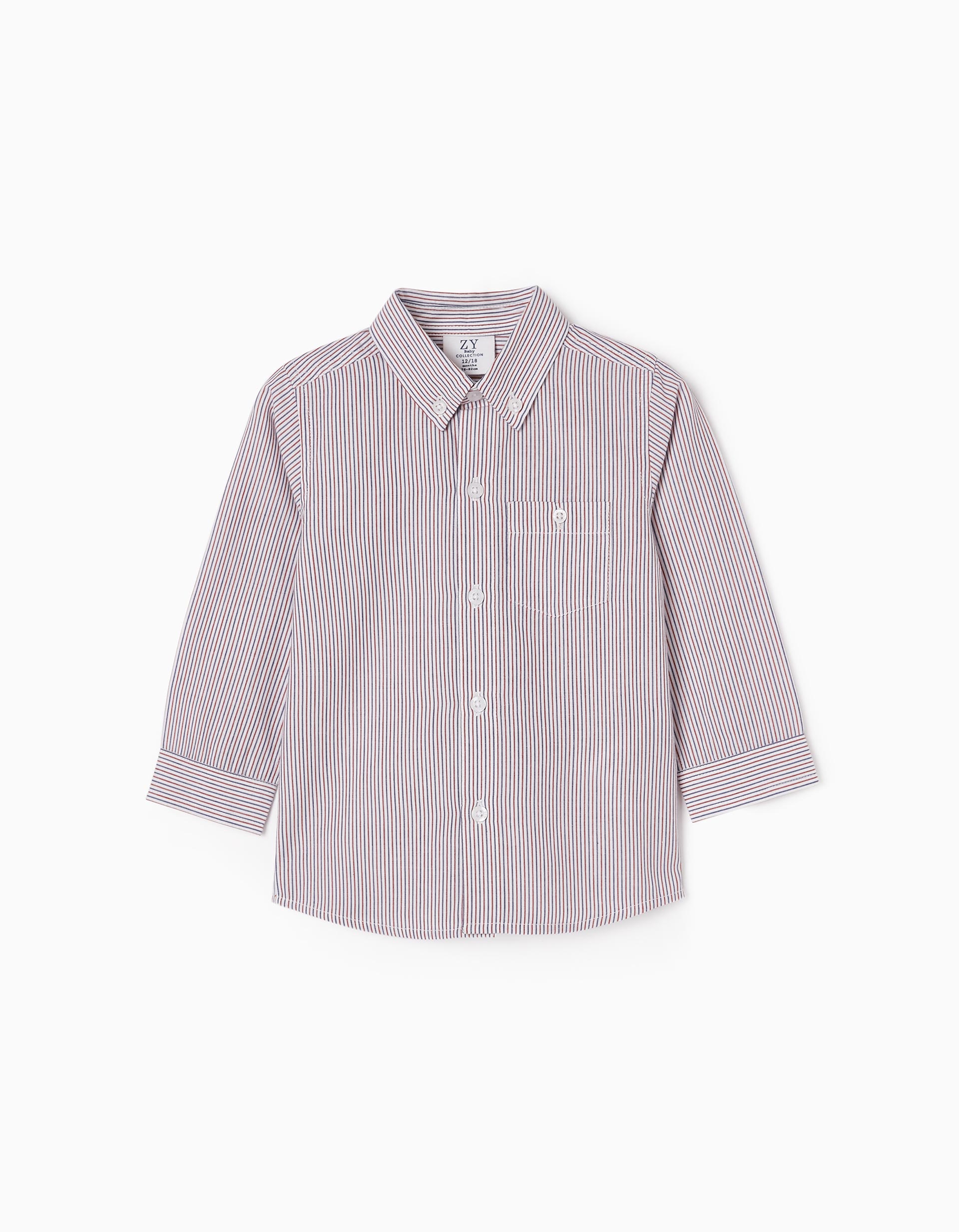 Camisa de Algodão às Riscas para Bebé Menino, Branco/Camel/Azul