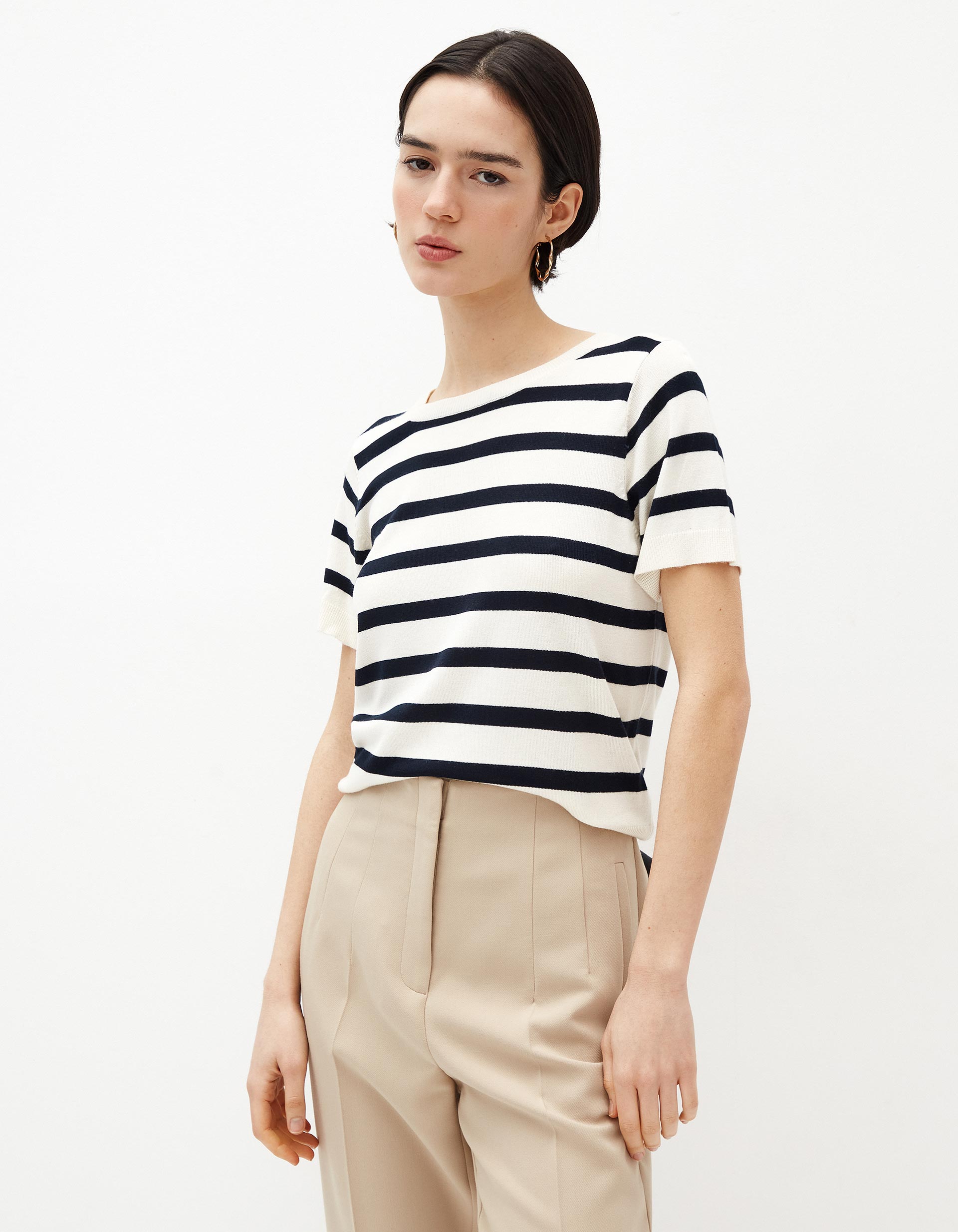 Camisola de Manga Curta Malha, Mulher, Bege Claro