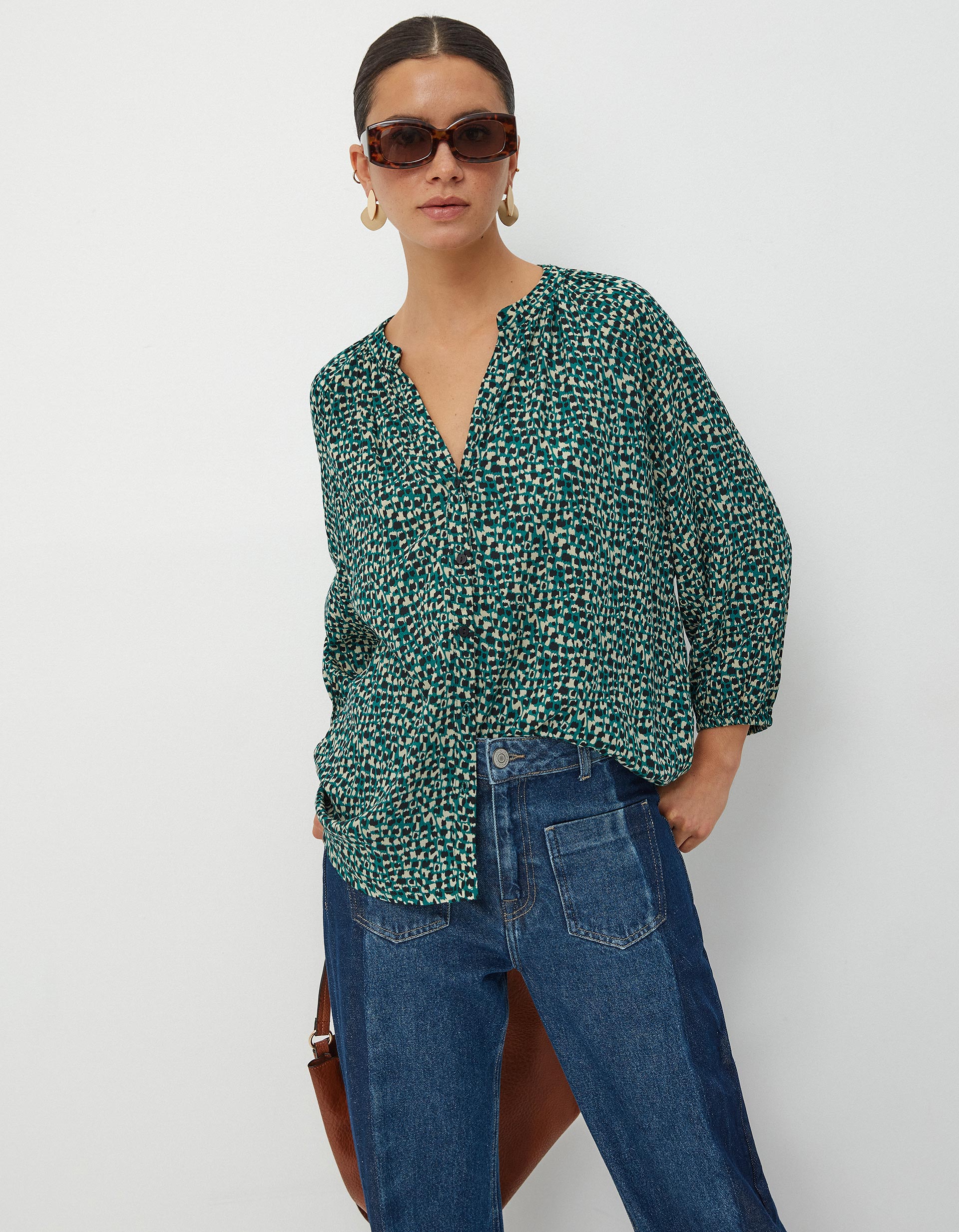 Blusa Estampada Decote em V, Mulher, Verde