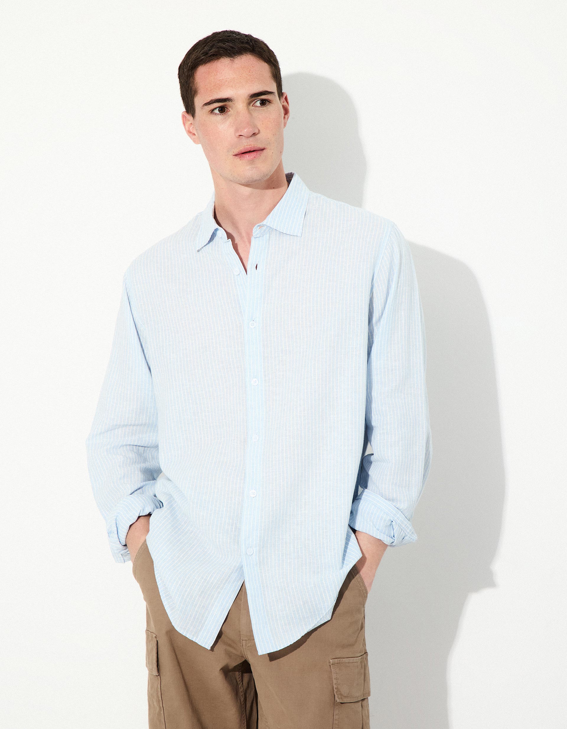 Camisa Riscas de Linho, Homem, Azul Claro 