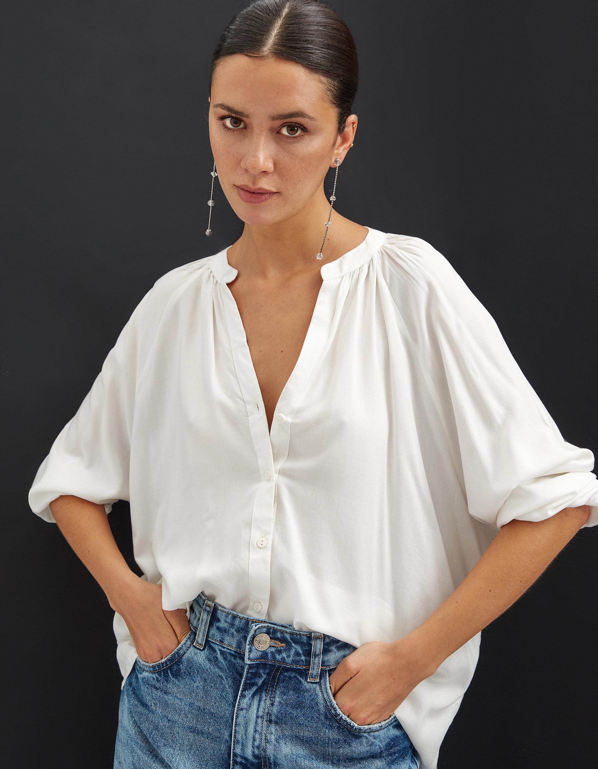 Blusa Decote em V, Mulher, Branco