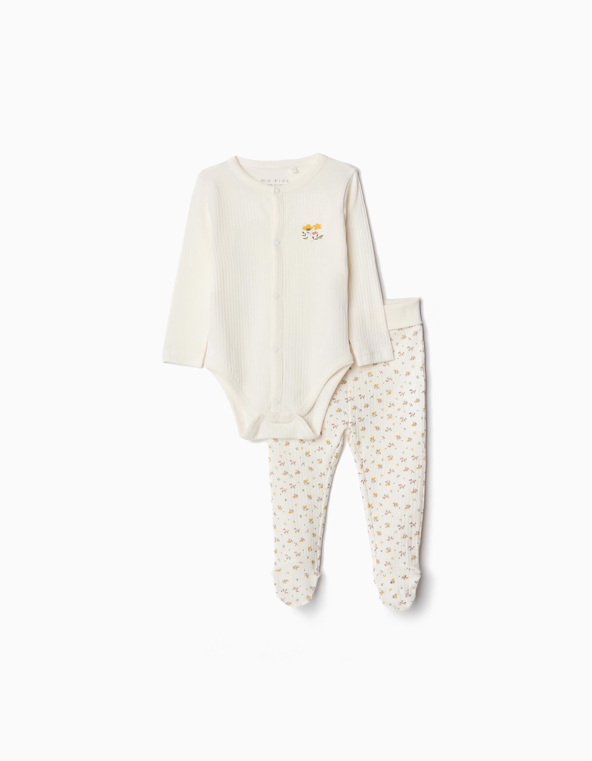 Conjunto Canelado Body de Manga Comprida + Calças Pés, Menina, Bege Claro