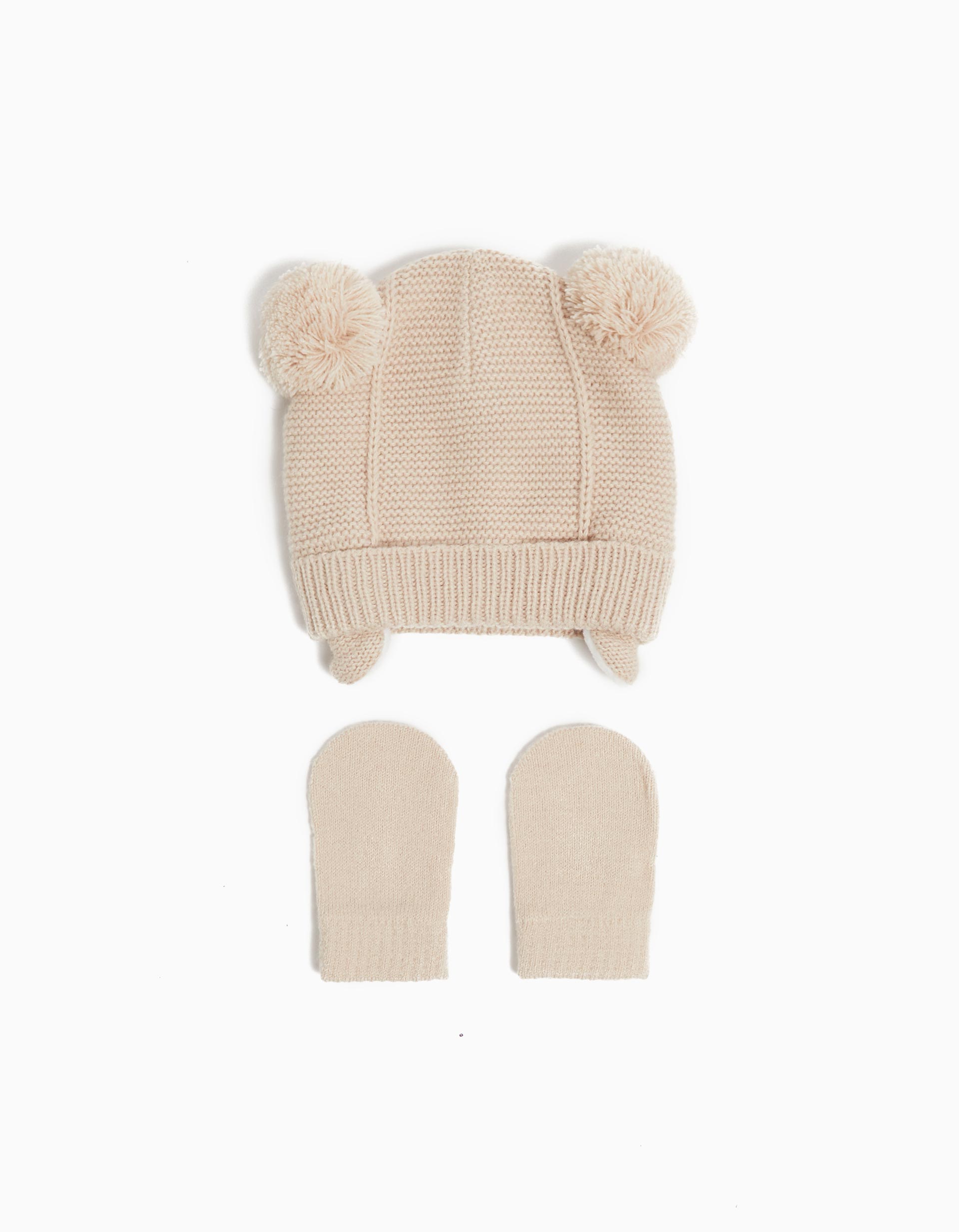Conjunto Gorro + Luvas Malha, Recém-nascido, Bege