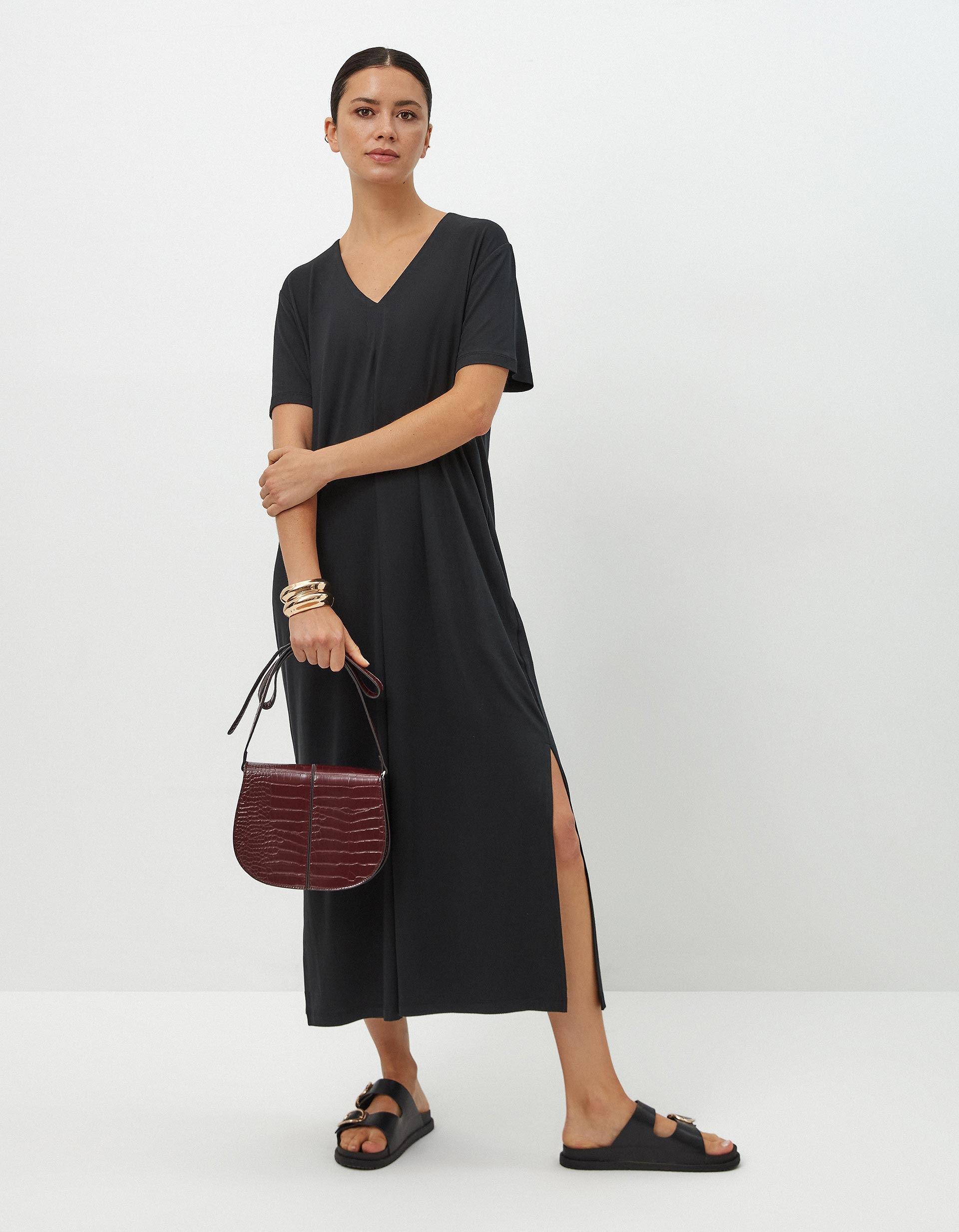 Vestido T-shirt Decote em V, Mulher, Preto