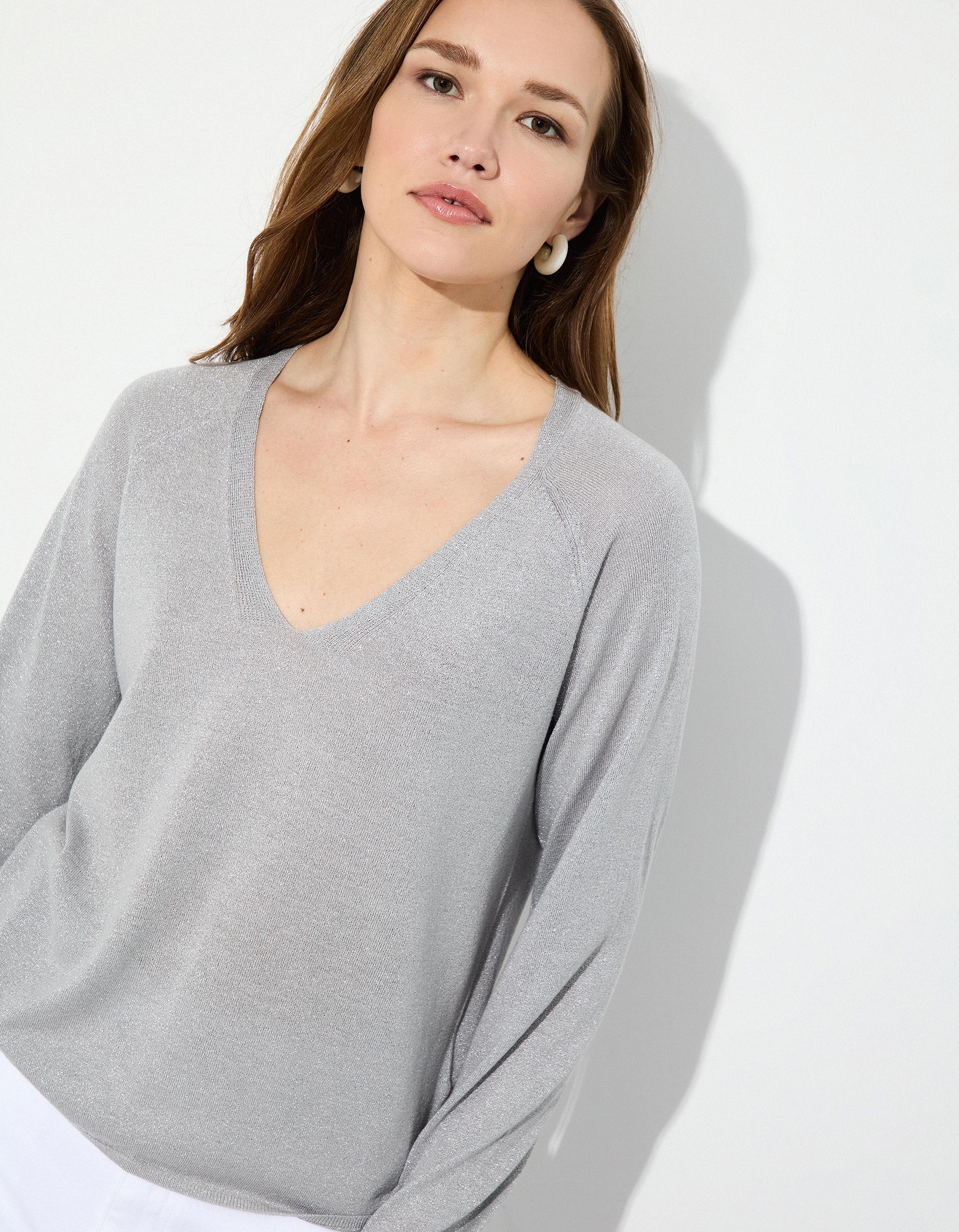 Camisola Decote em V, Mulher, Cinzento