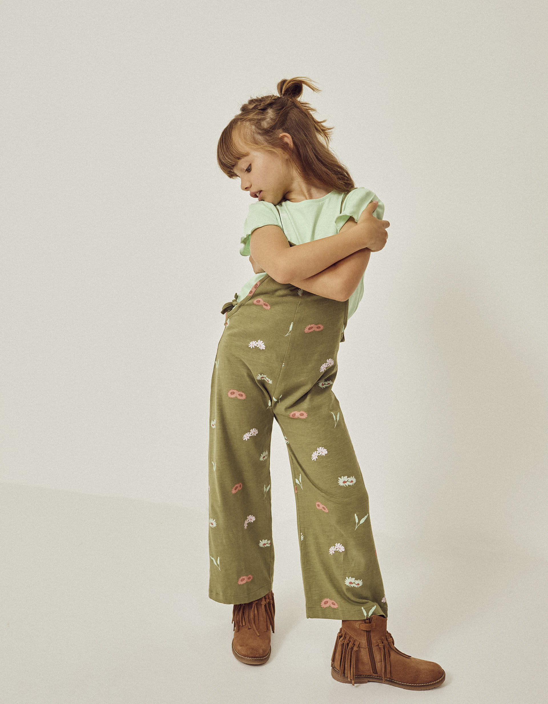 Macacão de Alças em Algodão às Flores para Menina, Verde